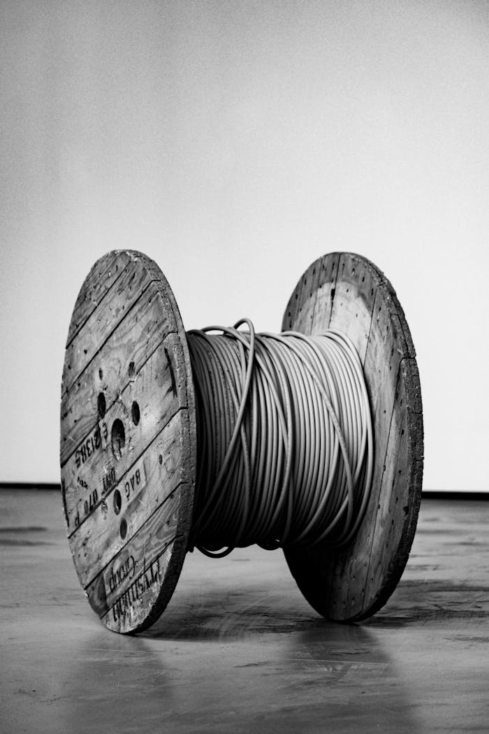 Black and white photo of a wooden spool with coiled cable indoors.
