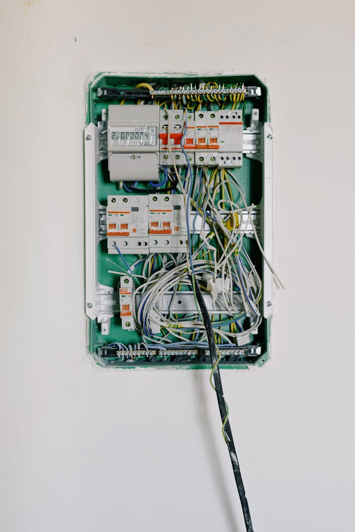 Switchboard with wires connected to electrical switches with circuit breakers installed on white wall